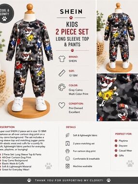 SHEIN Gray Camo Cartoon Dog Multi-Color 2-Piece Kids Set